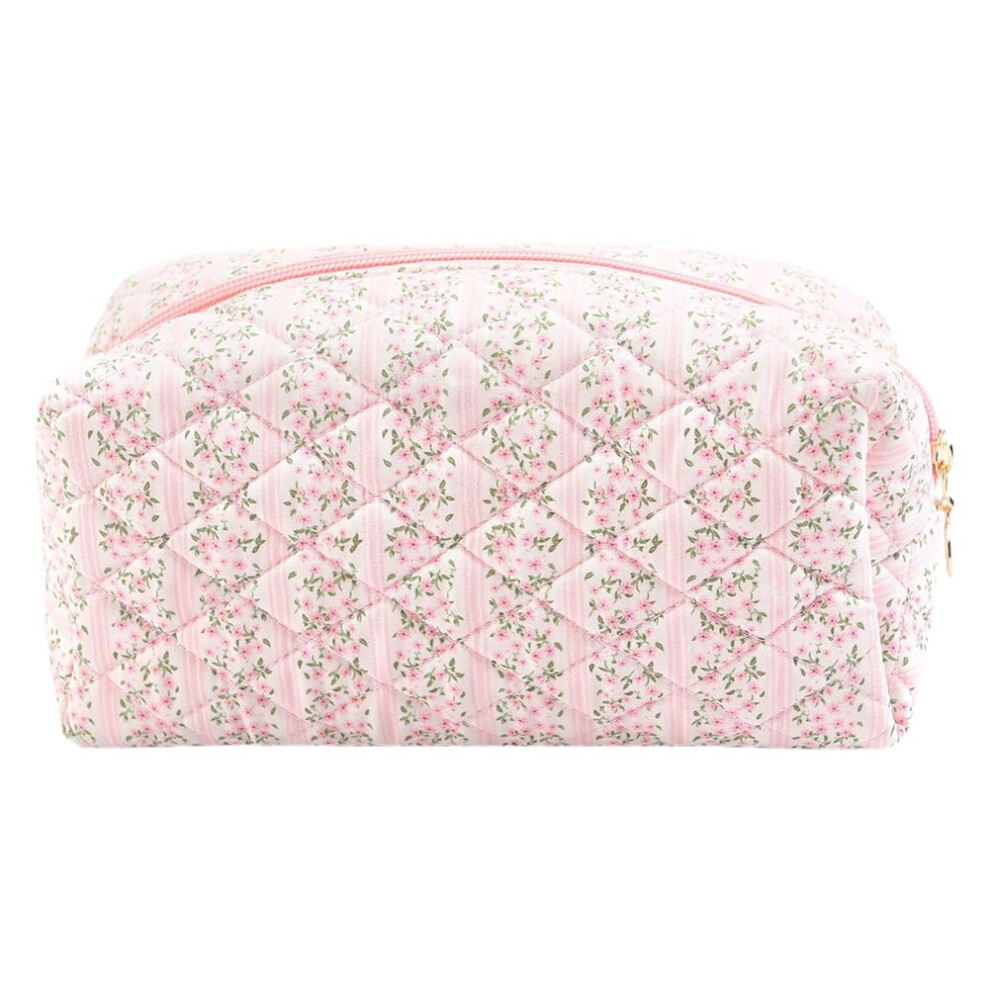 Women Floral Cosmetic Bag Large Capacity Cotton Zipper Closure Quilted Makeup Toiletry Bag