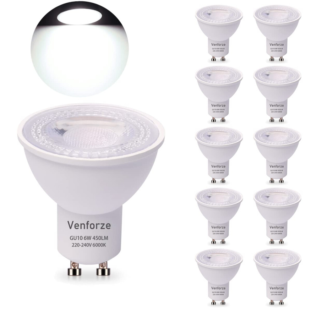 Gu10 Led Bulbs, 6W, 450Lm, 6000K Cool 38-Degree Beam, Ac220-240V, Non-Dimmable, 50W Halogen Equivalent, 10-Pack White 9084446531053
