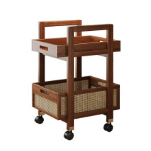 2-Tier Mobile Storage Cart Wooden Rattan Design, Removable Tray, 57.2 cm Height, Rolling Cart, Space-Saving