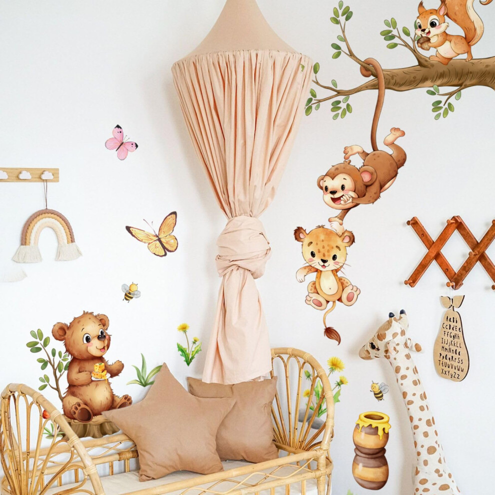 Woodland Animals Wall Stickers Vinyl Removable Bear Monkey Swinging Tree Branch Nursery Bedroom Living Room Playroom
