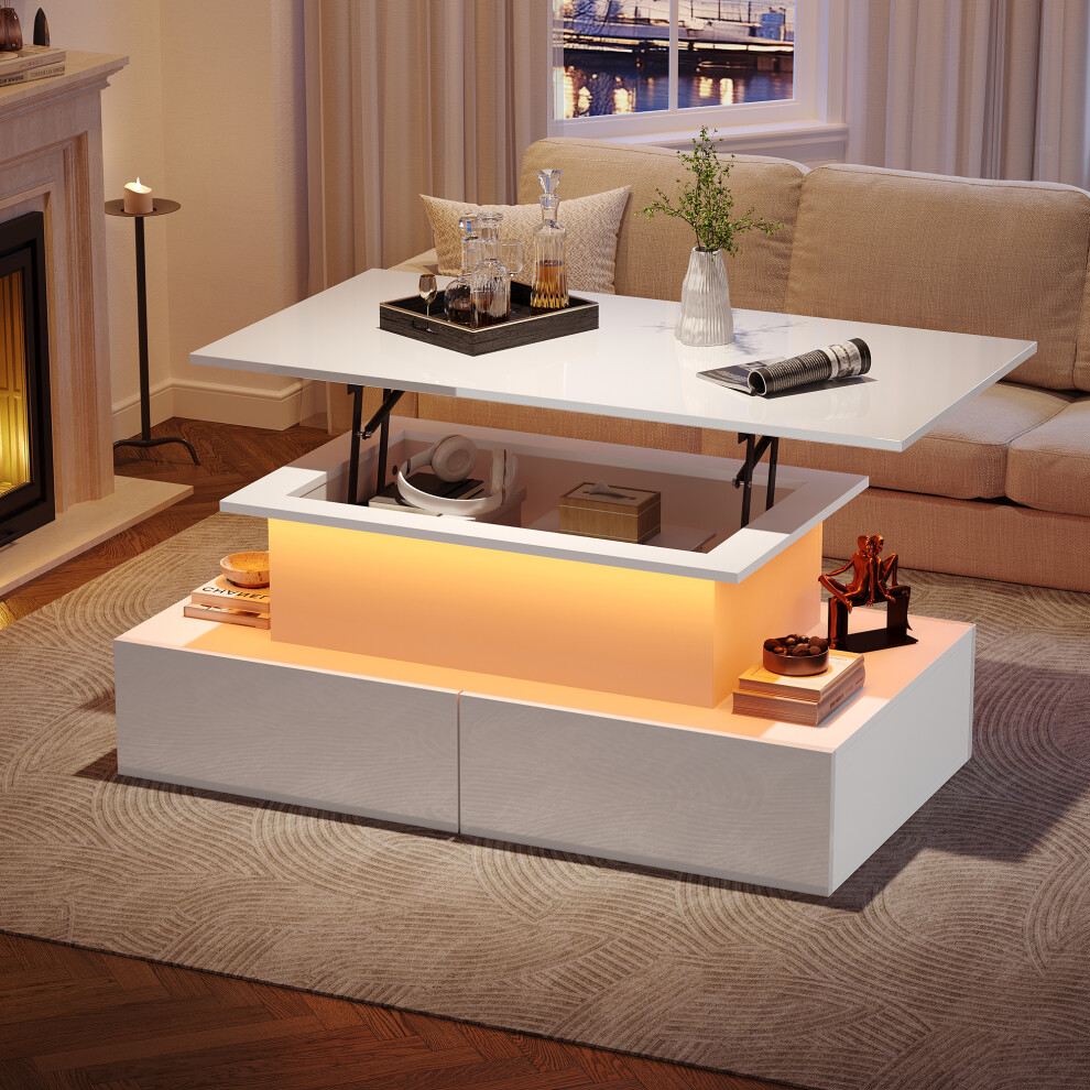 Rectangular Wooden Coffee Table with LED Lighting Lift Top & 4 Drawers White 90 x 55 x 42.5cm for Stylish Living Room-image-OPC-PMCFJ7J-NEW