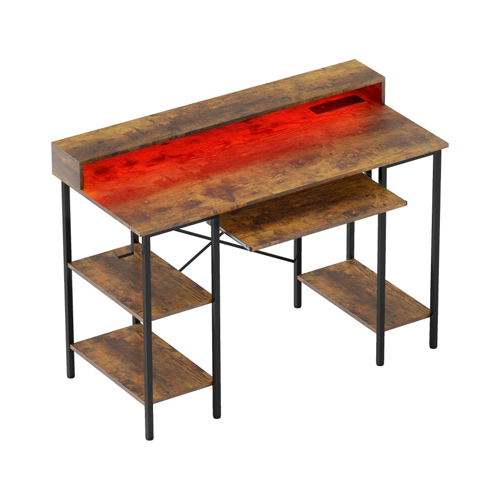 Home Office Gaming Desk 120x55cm Rustic Brown Computer Desk with LED Lights Power Outlets Monitor Stand & Storage Shelves-image-OPC-PMCFJJD-NEW