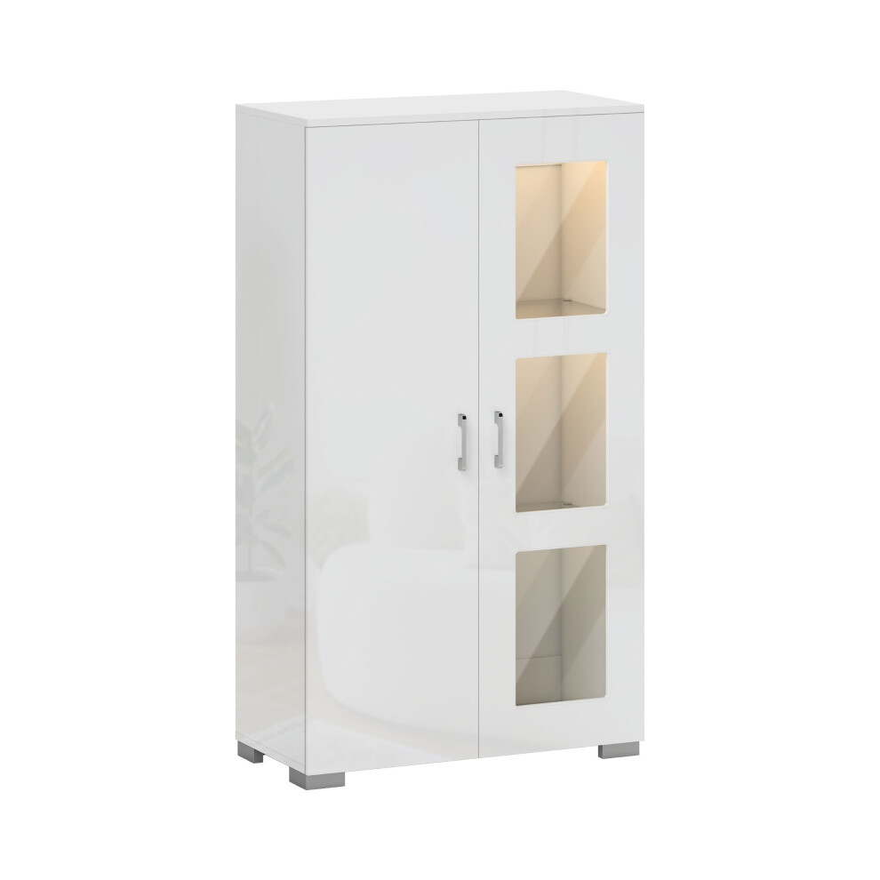 High Gloss White Sideboard with 16-Color RGB LED Lights Glass Door Storage Cabinet with Remote Modern Kitchen & Lounge Cupboard-image-OPC-PMCFM6Y-NEW