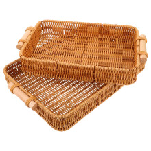 2Stk Rechteckige Imitat Rattan Tabletts Mit Griffen