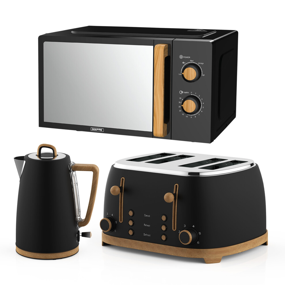 Geepas Microwave Oven 700W, 4 Slice Toaster & 1.7L Electric Kettle Combo Set Nordiq Design | Matte Finish With Wood Accents Black 20L