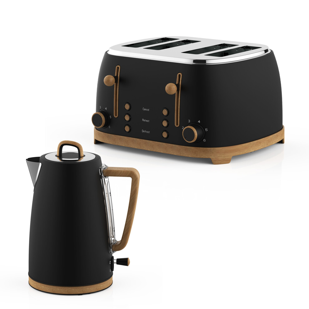 Geepas Nordiq Design 4 Slice Toaster & 1.7L Electric Kettle Combo Set| Matte Finish With Wood Accents