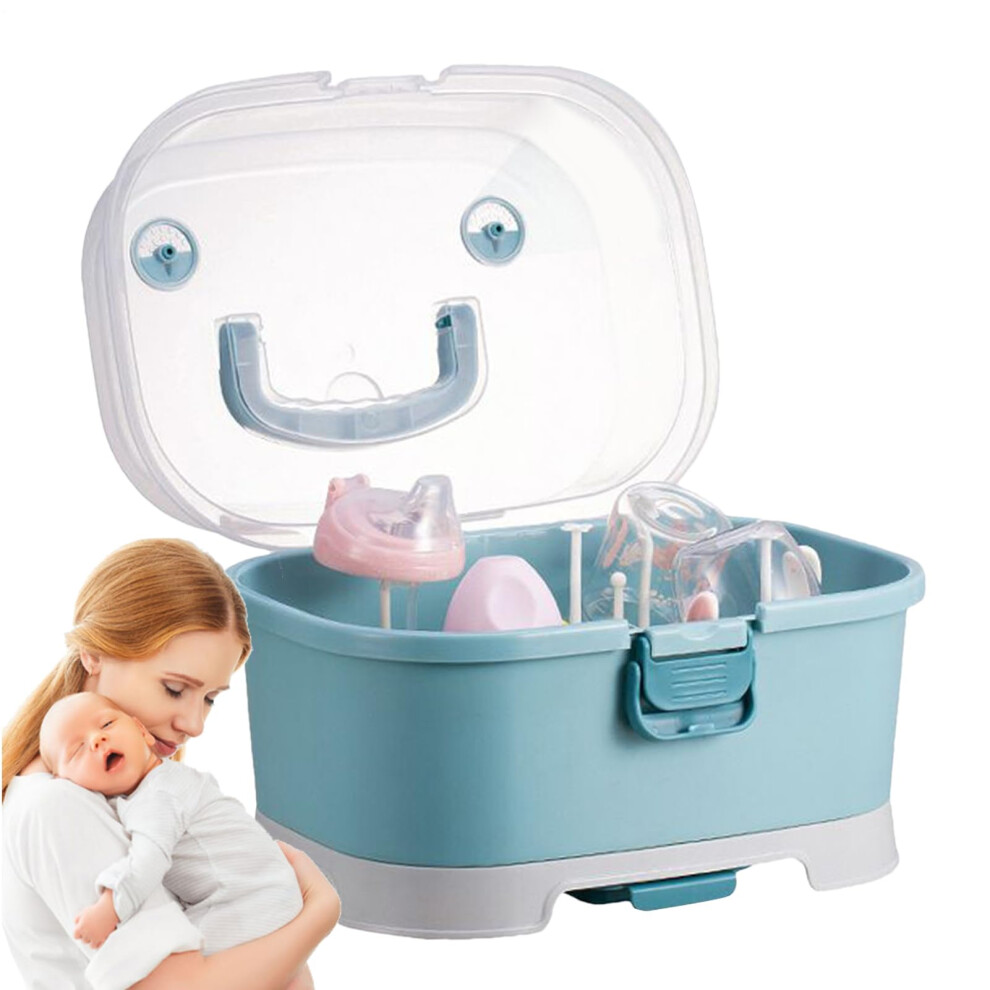 Baby Bottle Storage Removable Portable Drying Rack With Dust-Proof Lid 35X27x25 Cm Large Capacity Space-Saving Organizer For Milk Feeding Blue