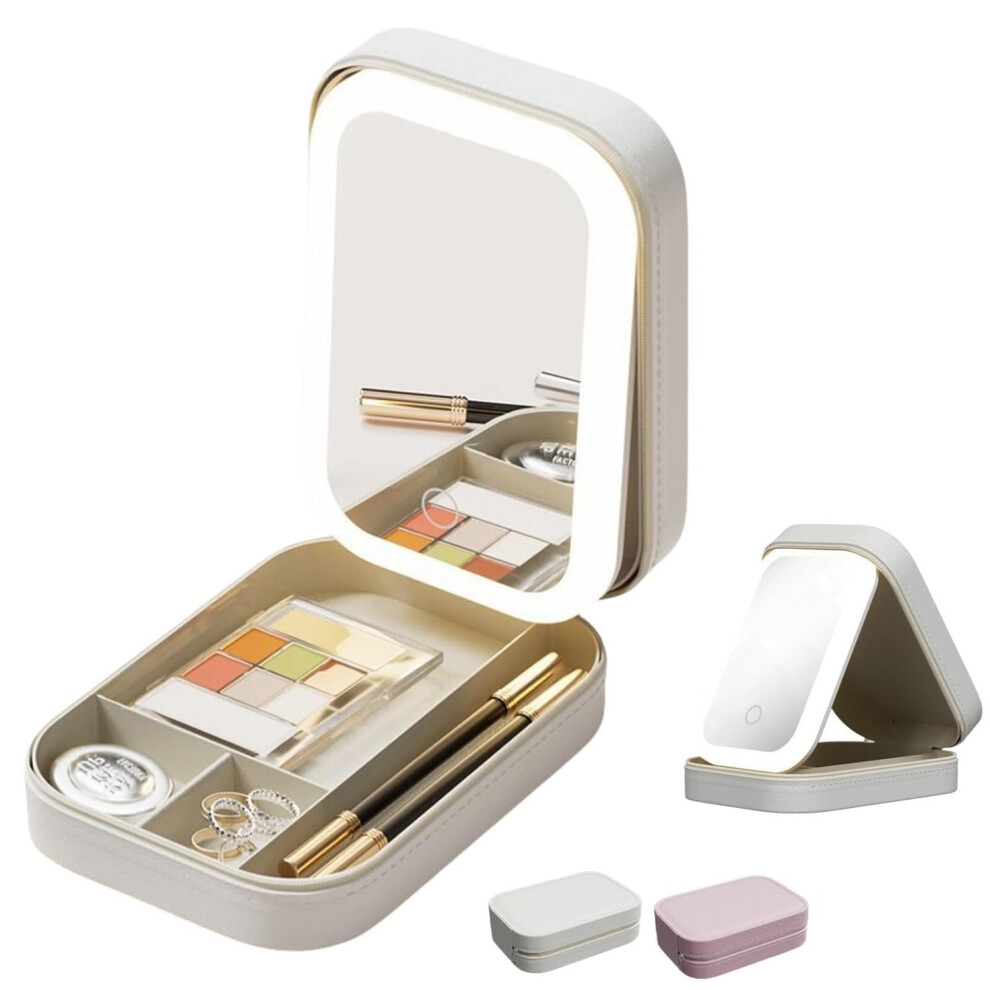 Makeup Bag with Mirror LED Travel Organizer Portable Cosmetics Bag with Three-Color Adjustable Brightness Lights White