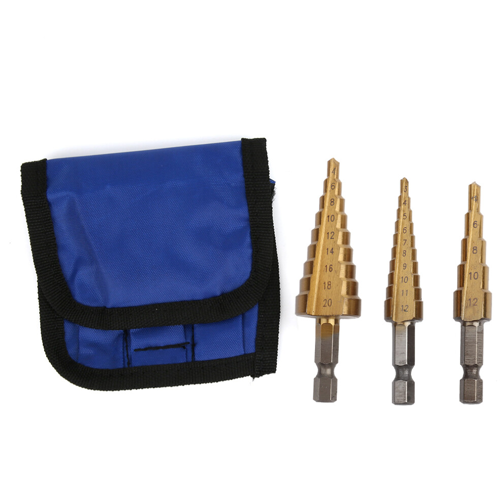 3Pcs 312/4-12/20Mm Hss Cone Step Drill Bit Hex Shank 610830928650