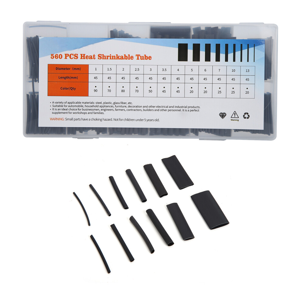 560Pcs Heat Shrink Tubing Black Various Sizes 610830871345