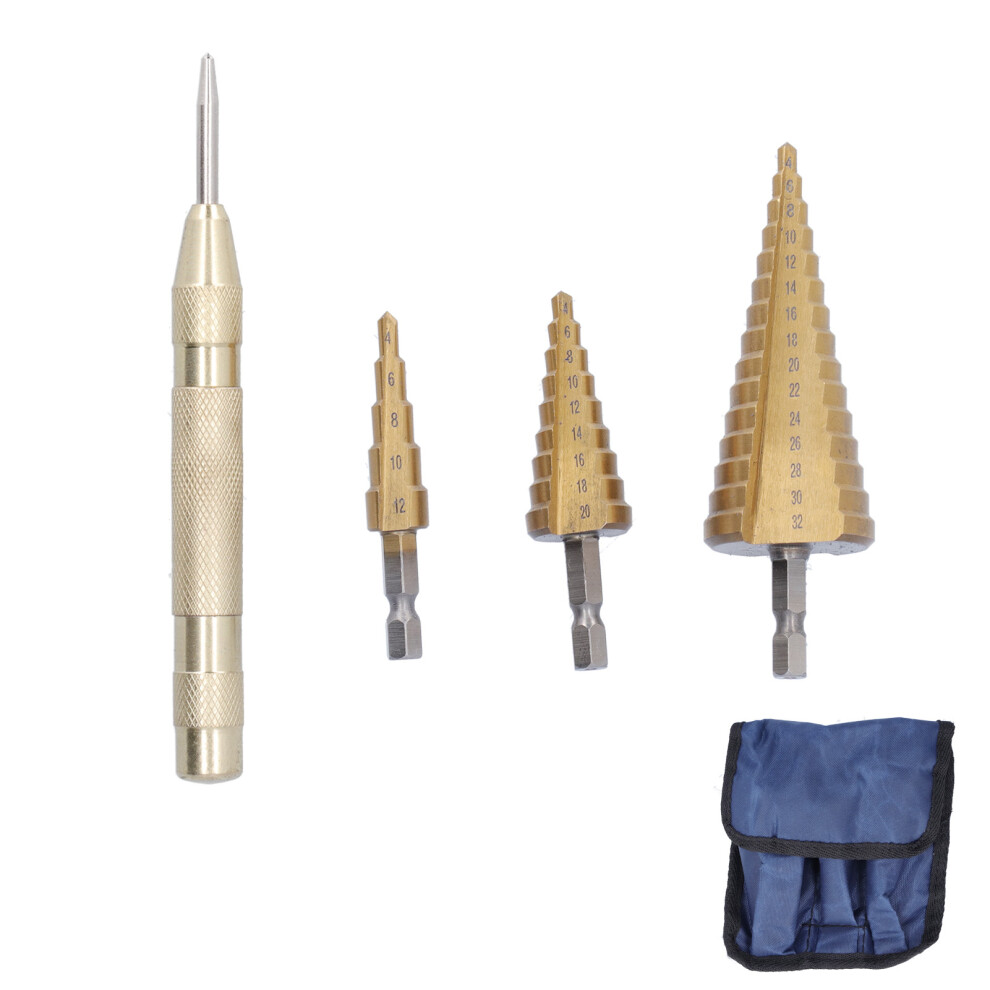 (Pagoda Shape) 3Pcs Step Drill Bit Hss Hex Shank 4-32Mm Automatic Centring 610830866761