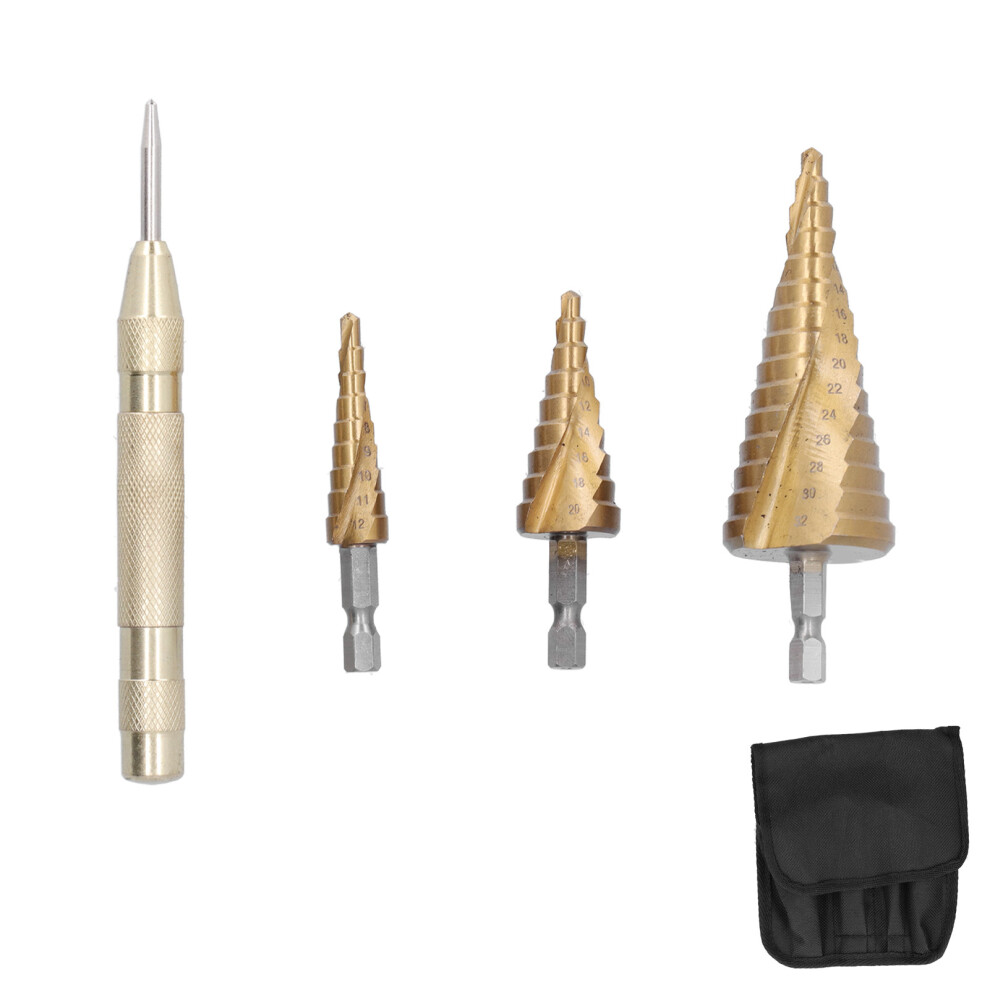 (Spiral Shape) 3Pcs Step Drill Bit Hss Hex Shank 4-32Mm Automatic Centring 610830866754