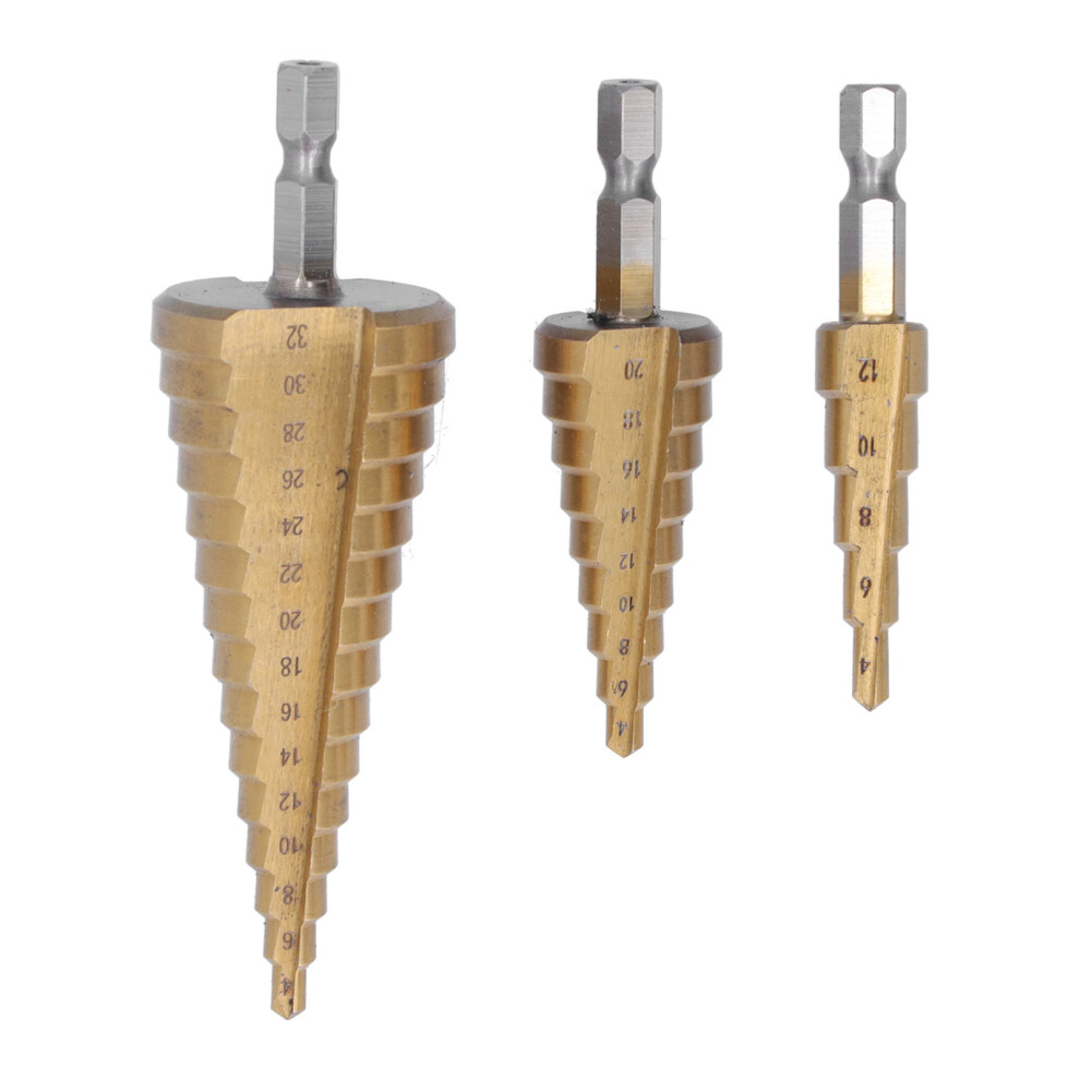 3Pcs Hex Shank Step Drill Bit Hss Titanium Coated Set 610830870157