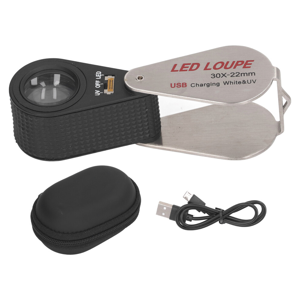 Rechargeable LED UV Loupe 30X Foldable Metal Magnifier
