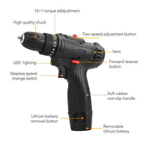 12V Cordless Electric Impact Drill High-power Lithium Battery