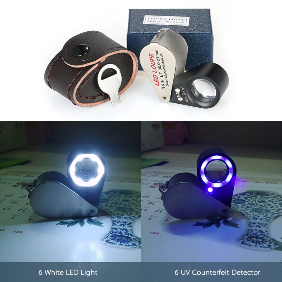 Light 30X Mini Led Jeweler Loupe 21Mm 6X Magnifier With Uv