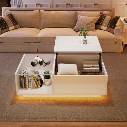 Modern White Lift-Up LED Coffee Table, High-Gloss