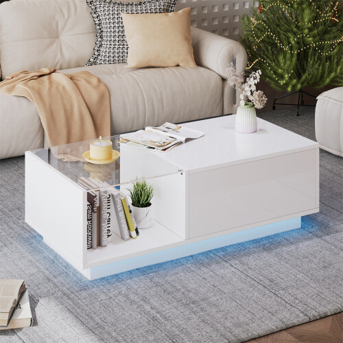 Modern White Lift-Up LED Coffee Table, High-Gloss 2