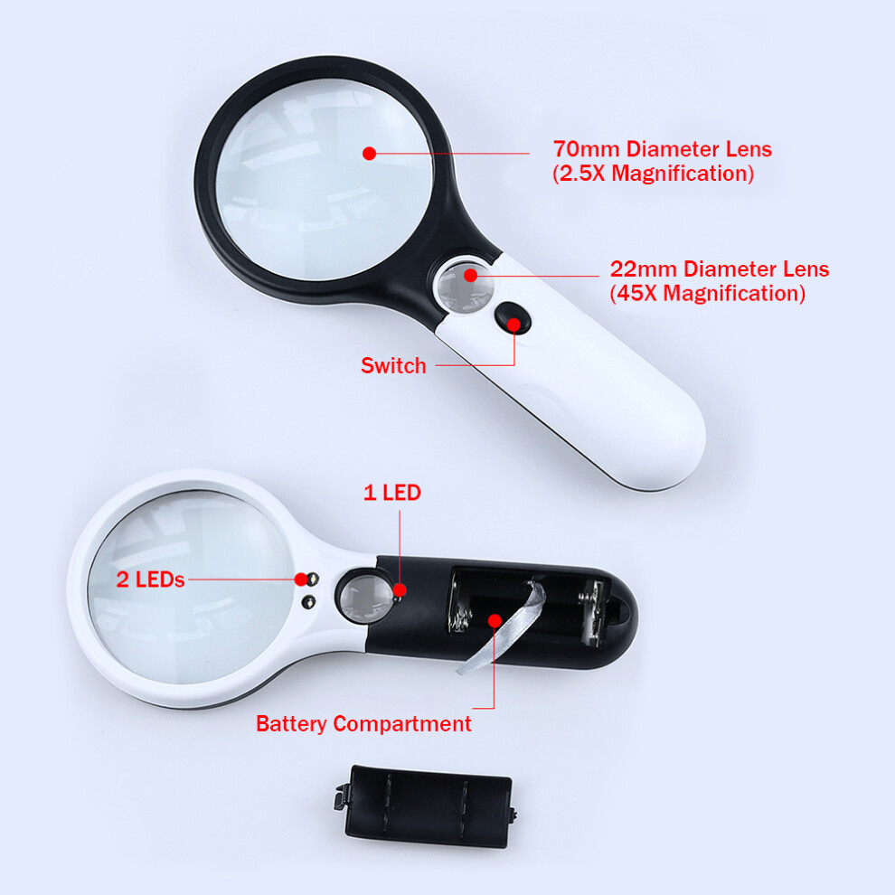 Magnifying Glass 2.5X 45X LED Light for Reading Jewellery