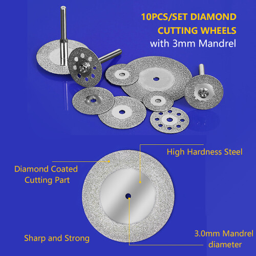 10pcs/set Diamond Cutting Wheels 3mm Mandrel for Dremel 2
