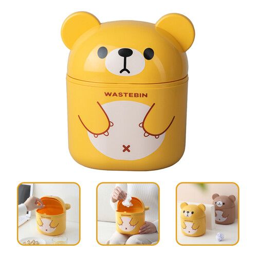 1Mini Yellow Desktop Trash Can PP Plastic with Lid for Office Home Use 2