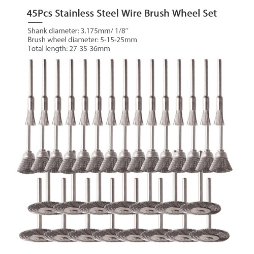 45-teiliges Edelstahl-Drahtbürsten-Set, 1/8" Schaft, 10/15/25mm 1