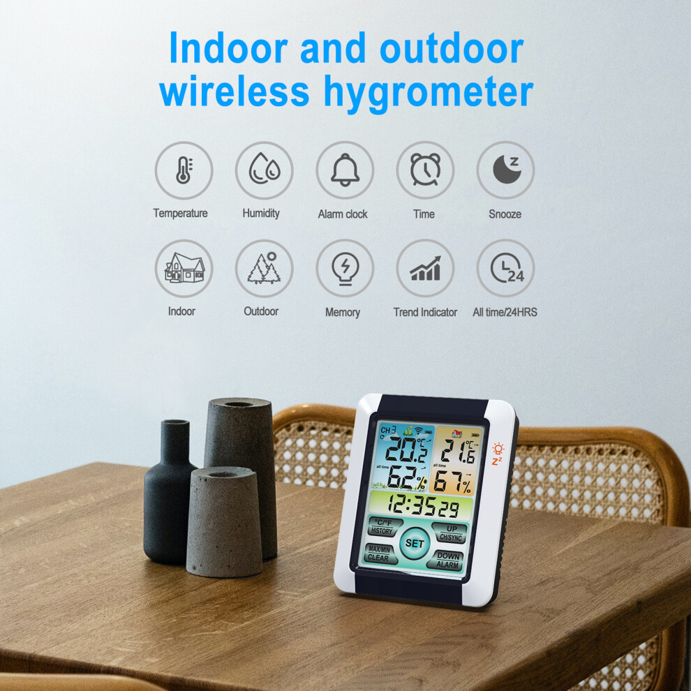 Indoor Outdoor Temp Humidity Meter Touch Screen Backlight Time Alarm 610830841027