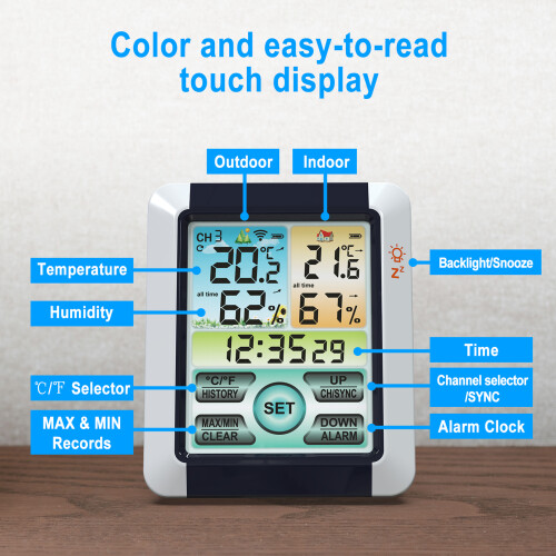 Temp.-Feuchte-Messgerät Touchscreen mit Uhr & Alarm 2