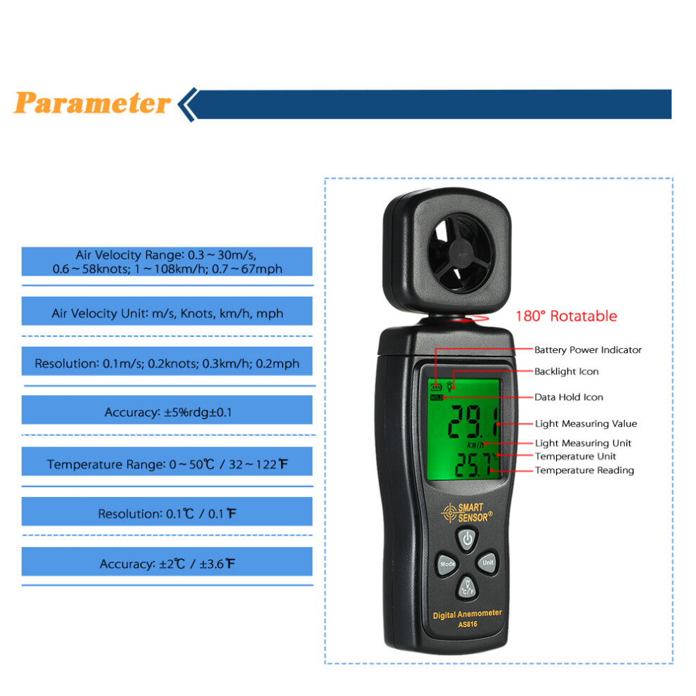 Smart Sensor Mini Anemometer Lcd Digital Wind Speed Meter 610830956202