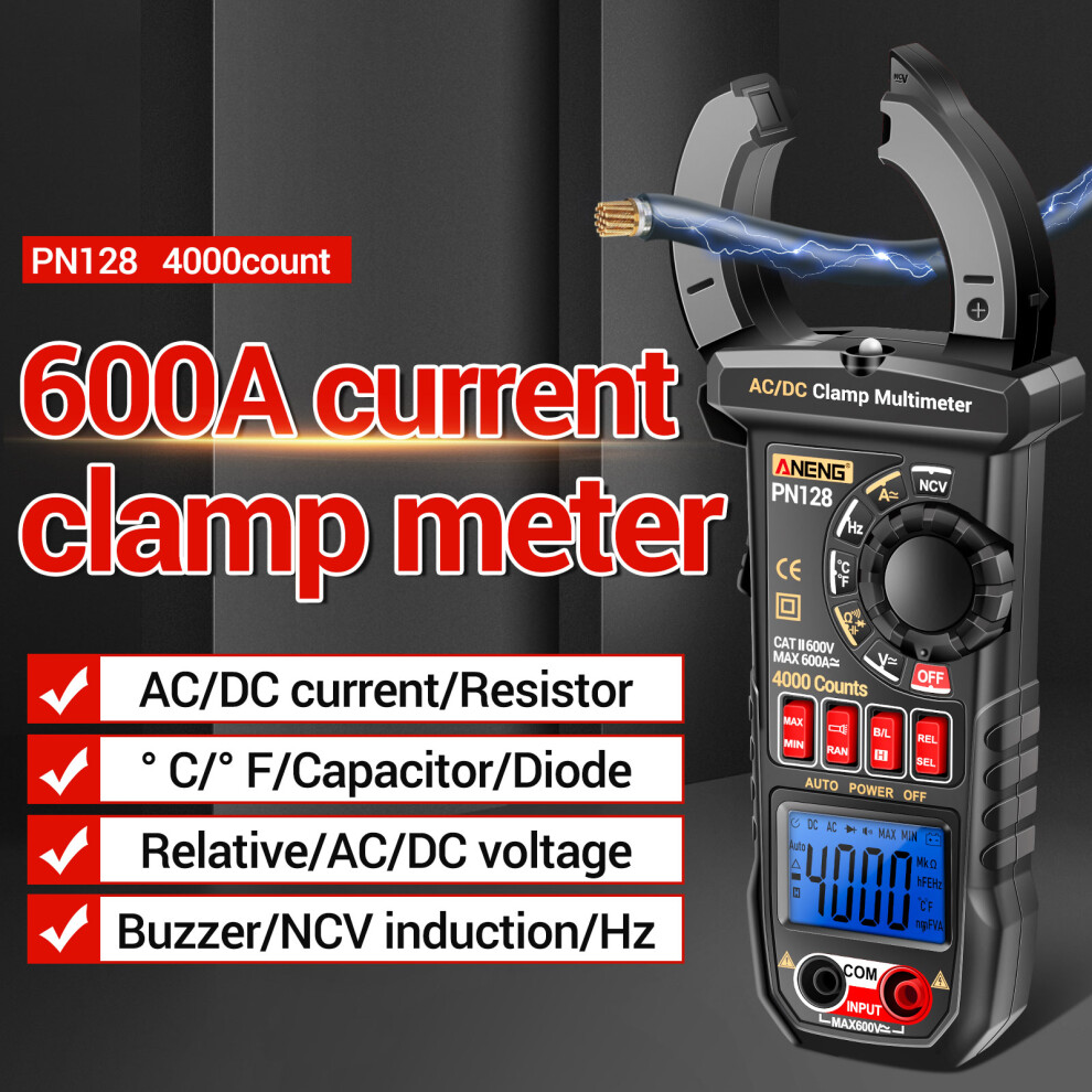 Aneng Pn128 Clamp Meter 4000 Counts 600A Ac/Dc True Rms Multimeter 323163311753