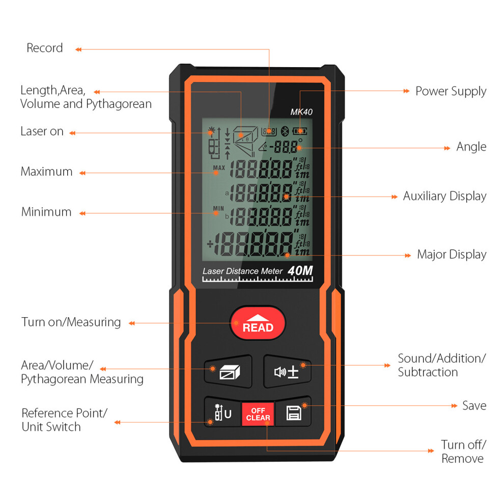 Laser Distance Meter 40M High-Precision Range Finder Lcd Backlight 610830950842