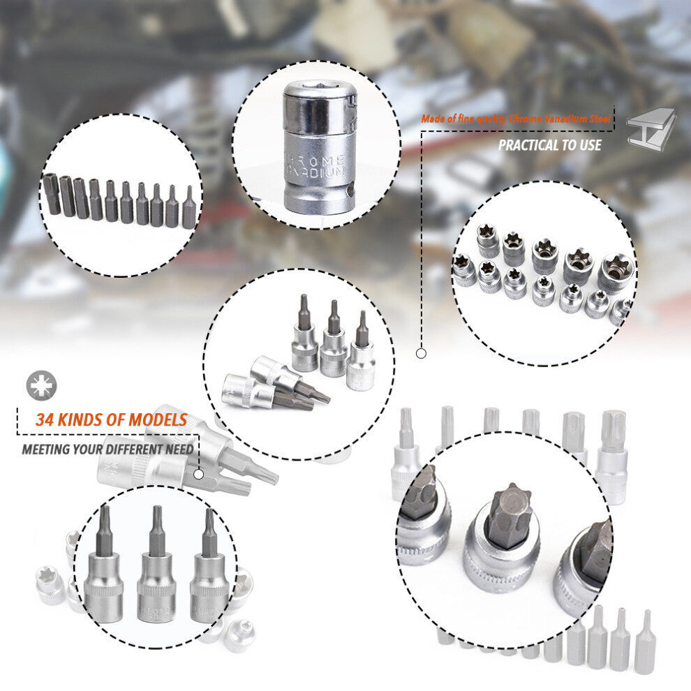 34Pcs Chrome Vanadium Socket Set Wrench For Motor Repair 610830936907