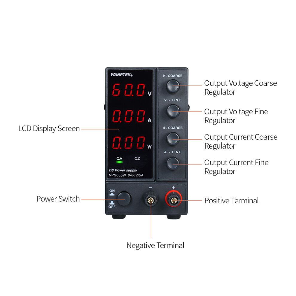 Wanptek Nps605w 0-60V 5A 3-Digit Led Adjustable Power Supply 115/230V 610830937782