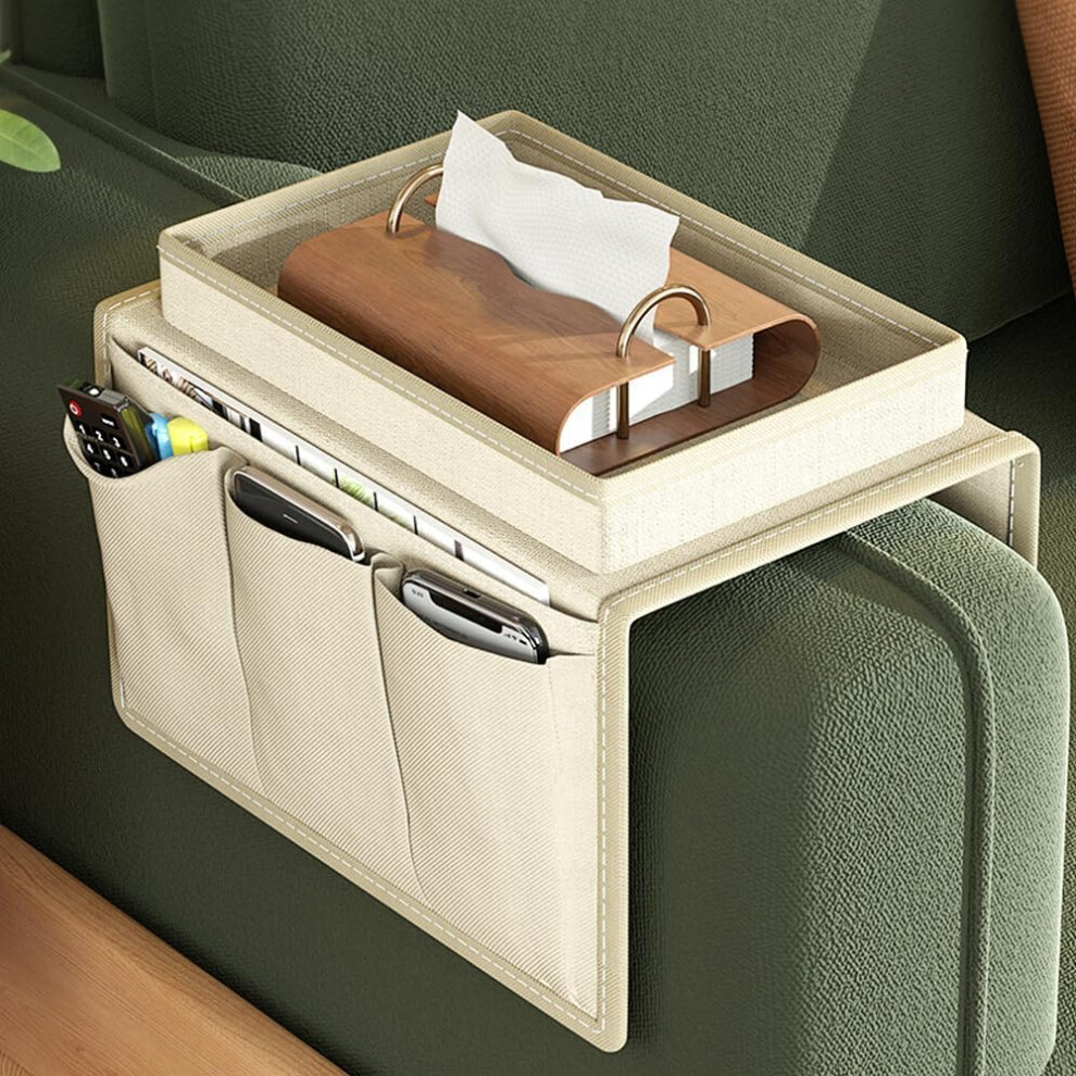 (White) Sofa Armrest Tray Organizer - Couch Arm Storage Bag - Anti-Spill Remote & Cellphone Holder (White) White 749655510938