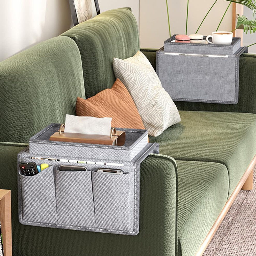 () Sofa Armrest Tray Organizer - Couch Arm Storage Bag - Anti-Spill Remote & Cellphone Holder (White) Grey/White 749655510921