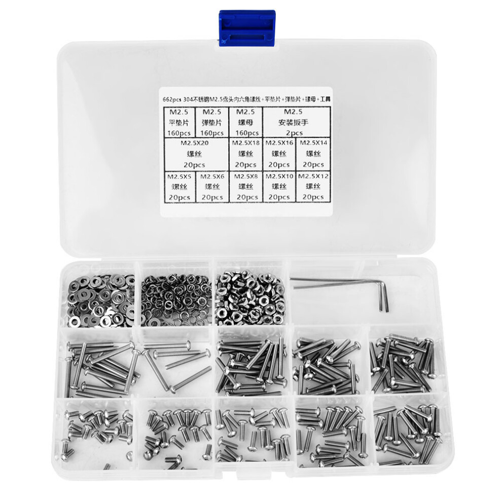 662Pcs Sus304 M2.5 Pan Head Screw Nut Washer Kit 610830934033