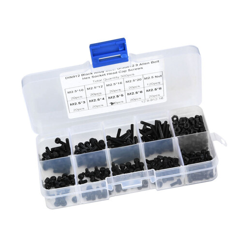 300 Stk M2.5x3-20mm 12.9 Schwarzlegierung Hex-Schraube mit Mutter 1