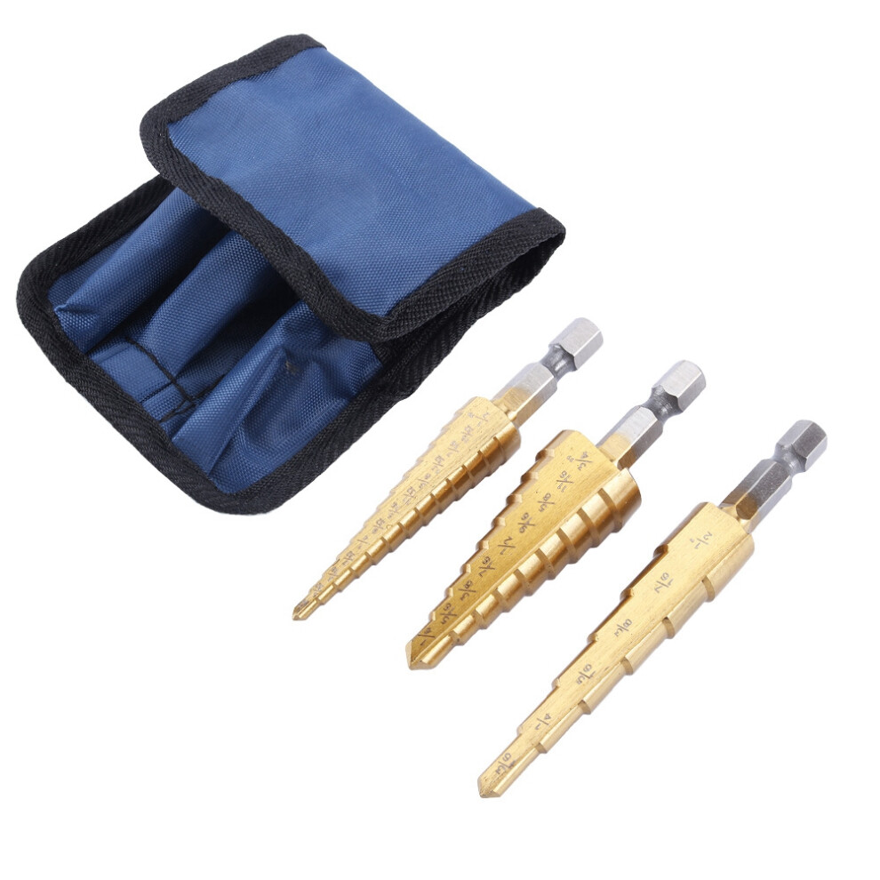 3 Pcs Small HSS Step Ti Cone Drill Hole Cutter Bit Set Tool With Pouch-image-OPC-PMCM8BF-NEW