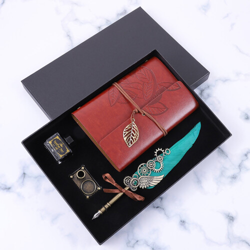 Vintage Quill Pen Calligraphy Set with Ink, Notebook, Pen Holder
