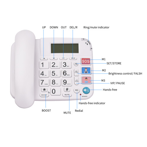 Big Button Corded Phone Hands-Free Redial Flash Speed Dial Ring Volume