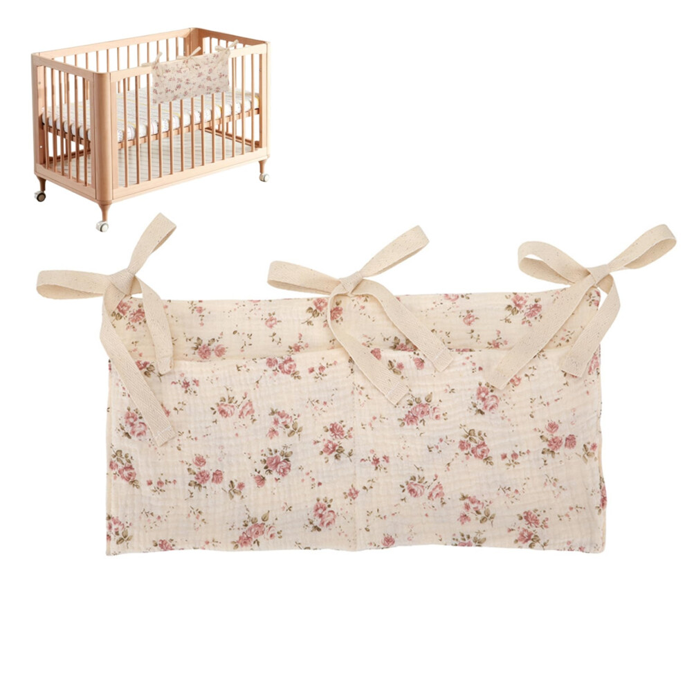 Hanging Diaper Caddy, 2-Pocket Crib Organizer With Straps, Flower Pattern Nursery Diaper Organizer, Bedside Storage