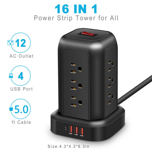 Tower Power Strip 12 Outlets USB*3 Type-C*1 5.1ft 2000W Black 2