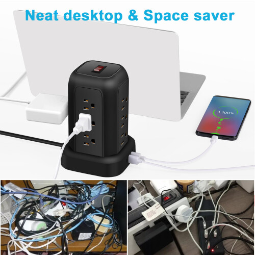 Tower Power Strip 12 Outlets USB*3 Type-C*1 5.1ft 2000W Black 1