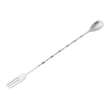 Stainless Steel Cocktail Stirring Spoon And Mixing Fork Swizzle, Twisted Bar Spoon For Shakers And Tall Glasses