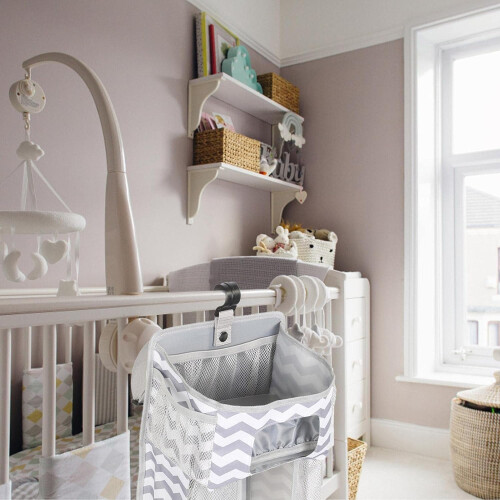 Hanging Diaper Caddy - Large Capacity Organizer With Pockets, For Changing Tables, Grey White Stripes 1