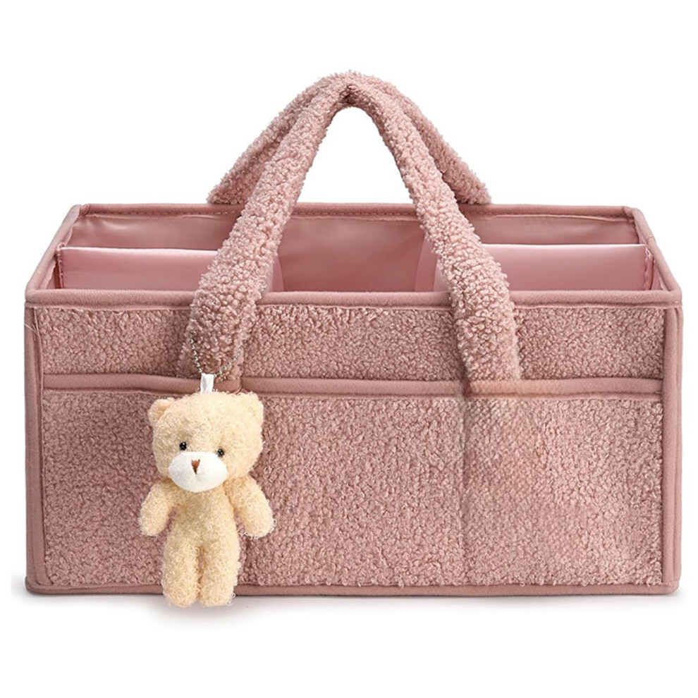 Baby Nappy Caddy Organiser Portable Diaper Caddy Felt Nursery Storage Baskets With Removable Dividers Wipes Bag Pink