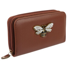 (Tan) Ladies Large Purse/Wallet Faux Leather Bee Embellishment