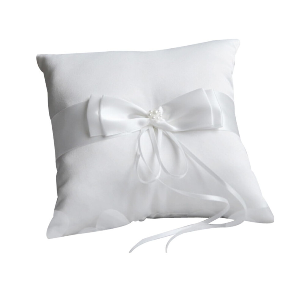 White Wedding Pearls Ring Bearer Pillow For Wedding Ceremony Satin Cushion With Pearl Bow Standard Size Pearl Accent