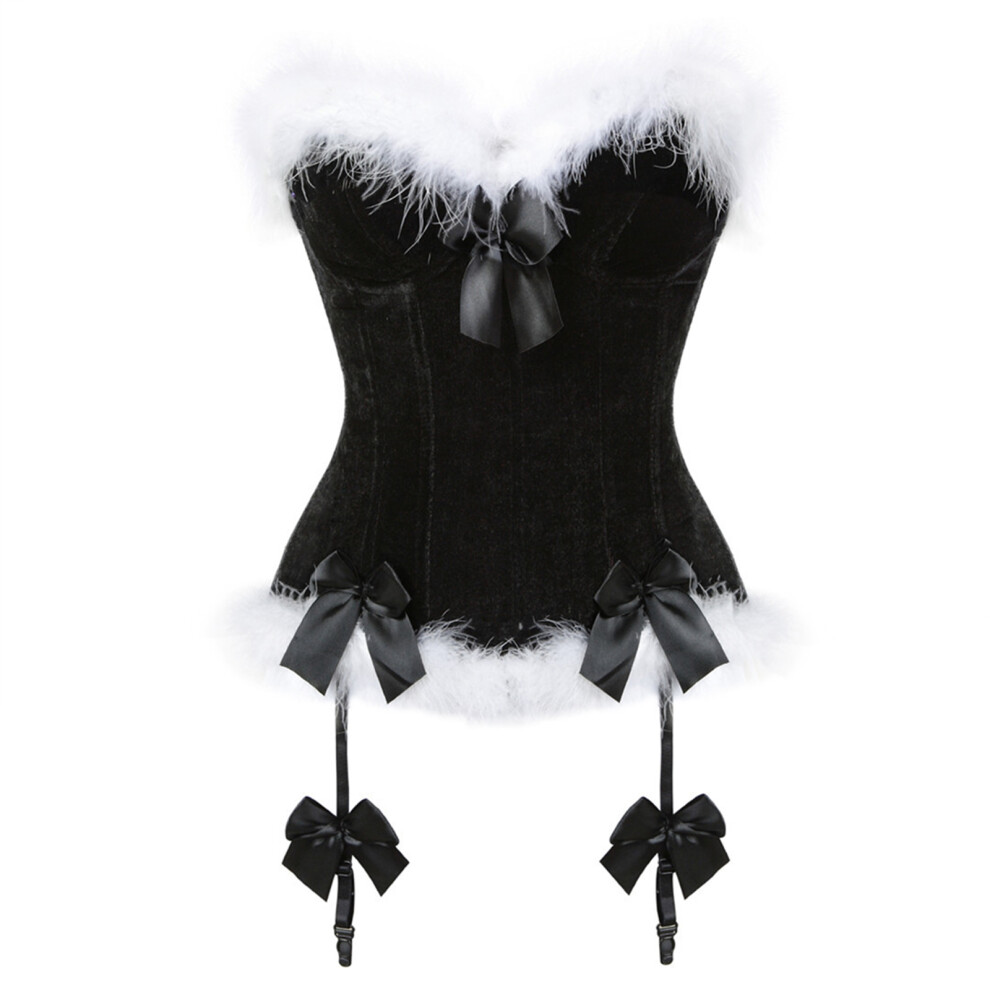 Womens Christmas Santa Cosplay Costume Velvet Bowknot-Black XL
