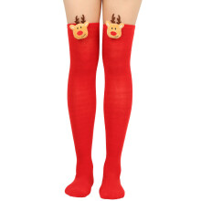 Women Striped Long Socks Cute 3D Plush Elk Over Knee Thigh-Red